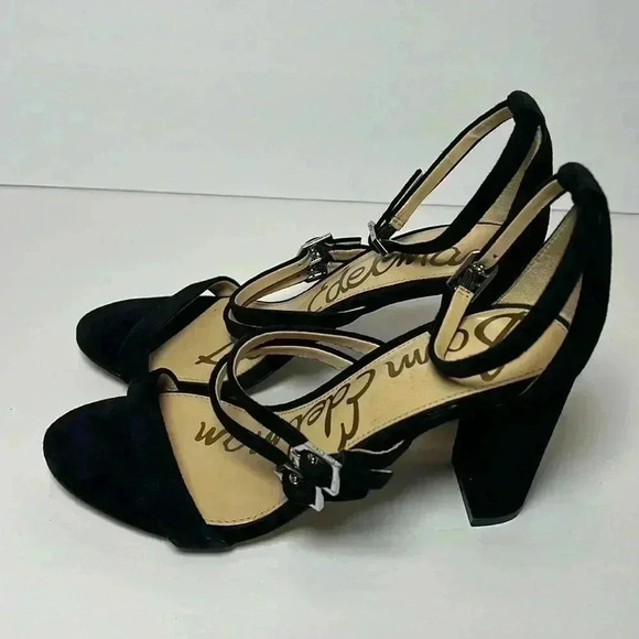 Sam Edelman Tammie Ankle Strap Block Heel Suede Sandal Size 7 Black - Picture 1 of 15